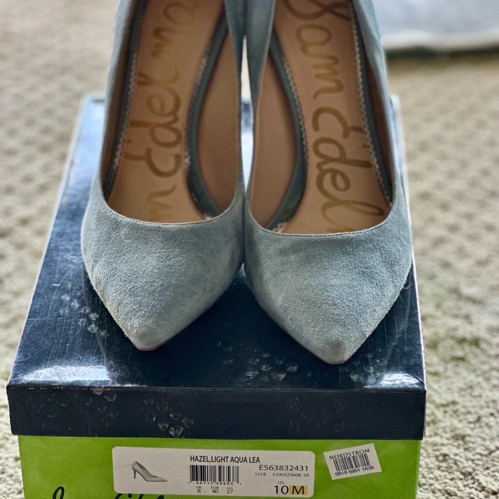 Sam Edelman Aqua Suede Heels Size 10 Pointed Toe Pumps Classic Chic